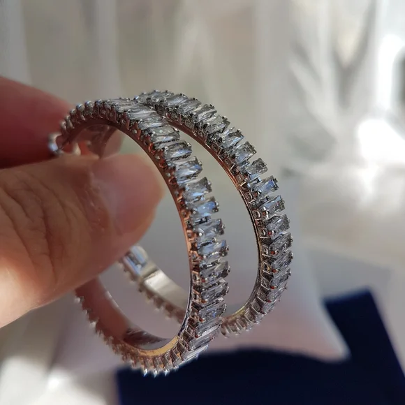 Swarovski Elements Platinum Plated Large Baguette Hoop Earrings NEW - Picture 9 of 17